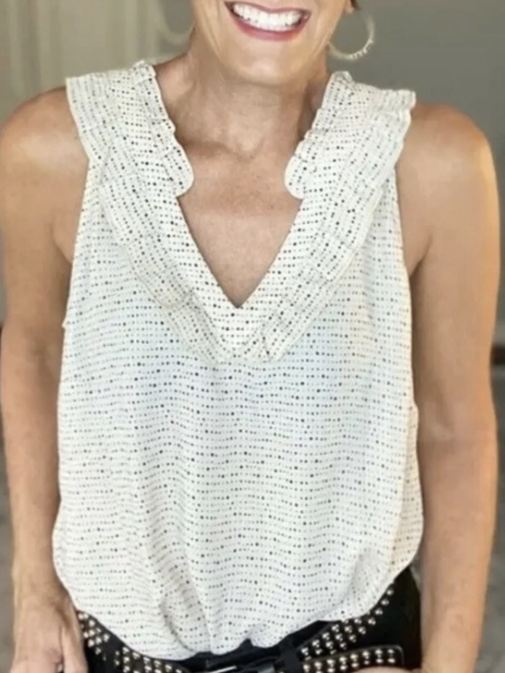 Cabi Morse Code cream and black polka dot sleeveless ruffle Blouse, XS